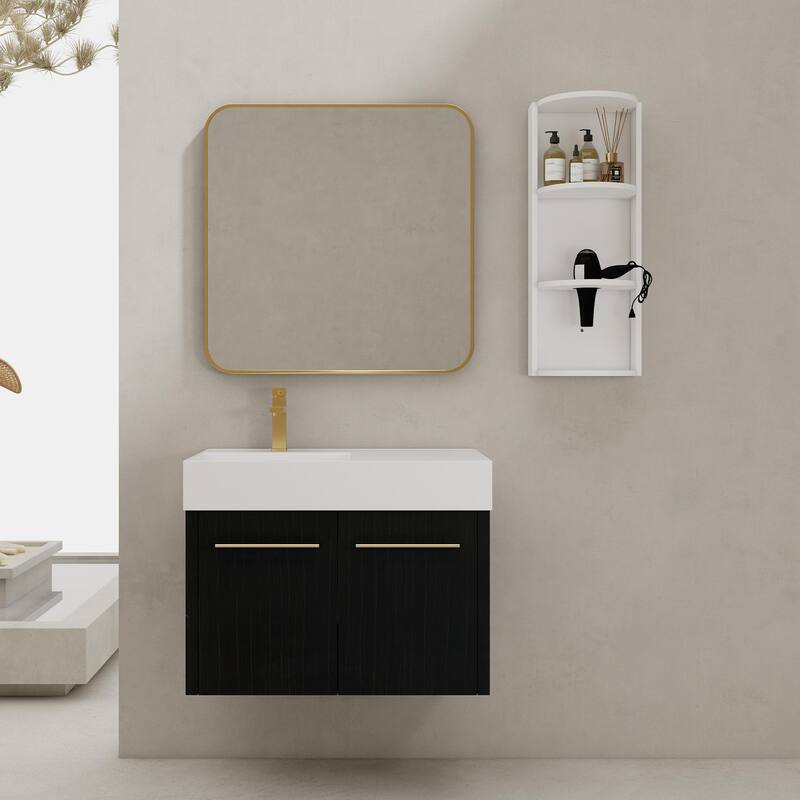 Wall mounted bathroom vanity with sink and storage shelf