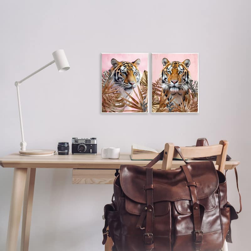 Stupell Fierce Tigers & Gold Leaves Wall Plaque Art Design By Kim Allen (Set of 2)