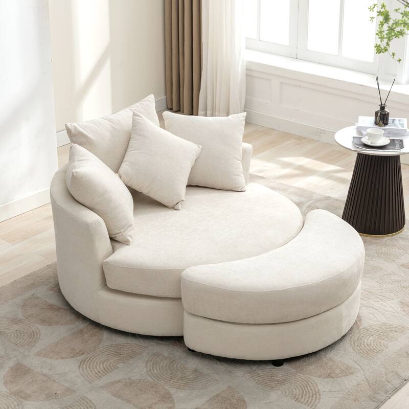 360° Swivel Accent Barrel Chair with Storage Ottoman & 4 Pillows, Modern Chenille Leisure Chair Round Accent - Cream