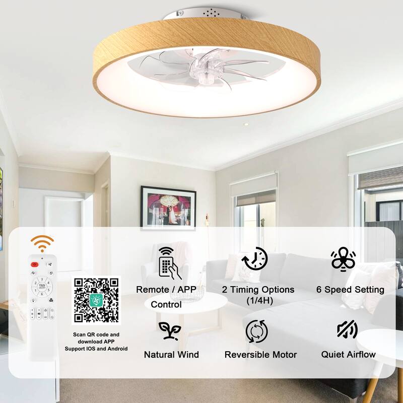 Bella Depot 20" Modern Wood-Look Flush Mount Ceiling Fan with Light and Remote Dimmable RGB Light