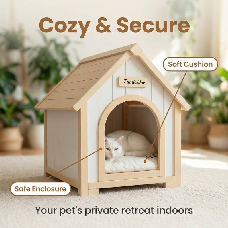 Modern Indoor Wooden Dog House with EVA Cushion, Solid Cedar Pet House for Small Dogs & Cats