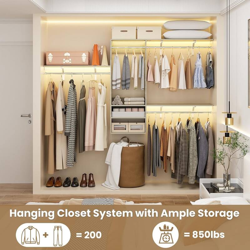 Rackcog 96'' Hanging Closet System with 3 Shelving Towers and 3 Hanging Rods,Wall-Mounted Walk-in Closet Organizer