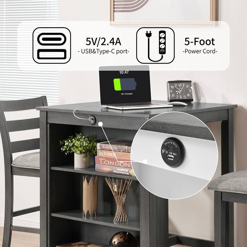 30" Modern Dining Table Set, 2-Seater Charging Station 3-Tier Storage