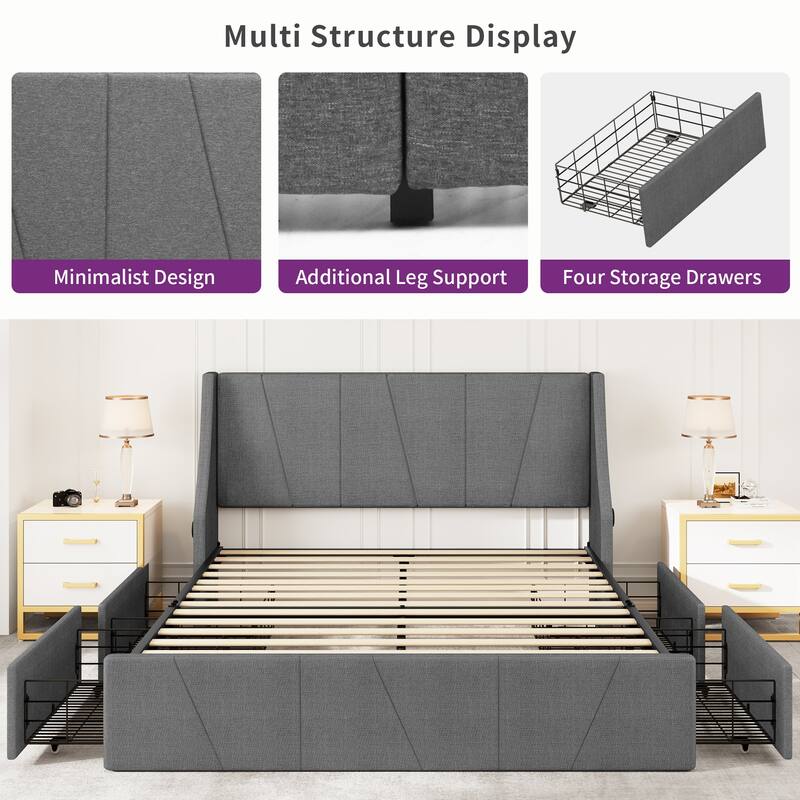 Moasis Wing Upholstered Platform Bed with 4 Drawers