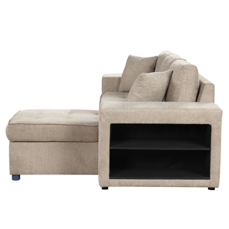 104.5" L-Shape 3 Seat Reversible Sectional Sleeper Sofa with Storage Chaise, 2 Stools, Cream Chenille for Living Room