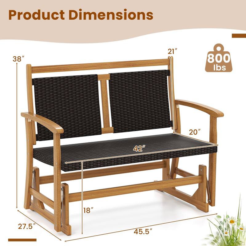 Comfortable Rattan Patio Glider with Wooden Frame and Swing Rocking Armchair for Outdoor Furniture