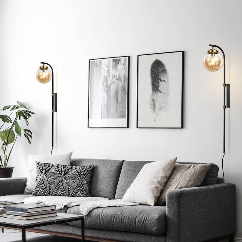 Set of 2 Bulbs Required Light Black Plug in Swing Arm Wall Lamps with Globe Shade and 72 in Cord for Living Room - 5.9''