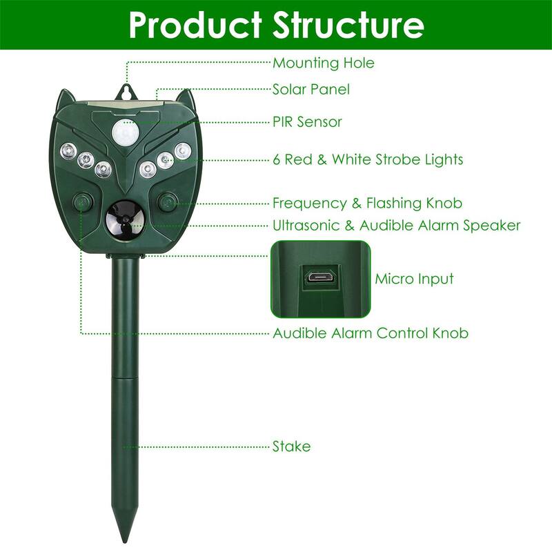 Ultrasonic Solar Animal Repeller with 5 Gears for Farm Garden Yard