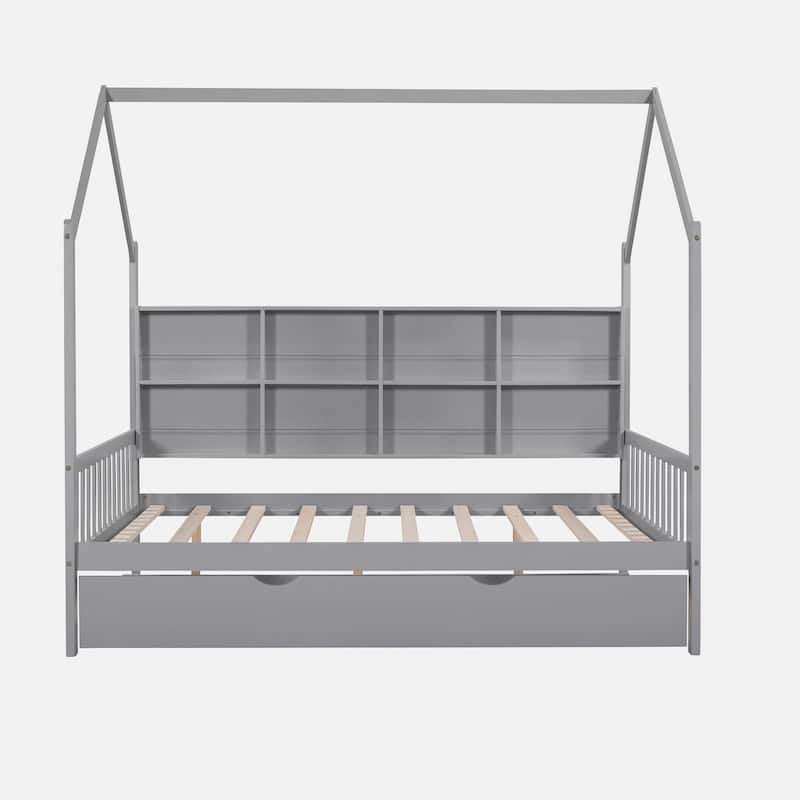 Wooden Twin Size House Bed with Trundle,Kids Bed with Shelf