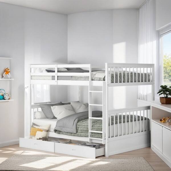 slide 2 of 9, Full over Full Size Bunk Bed with Ladders, Solid Wood Kids Storage Bed Frame with 2-Storage Drawers for Bedroom, White White