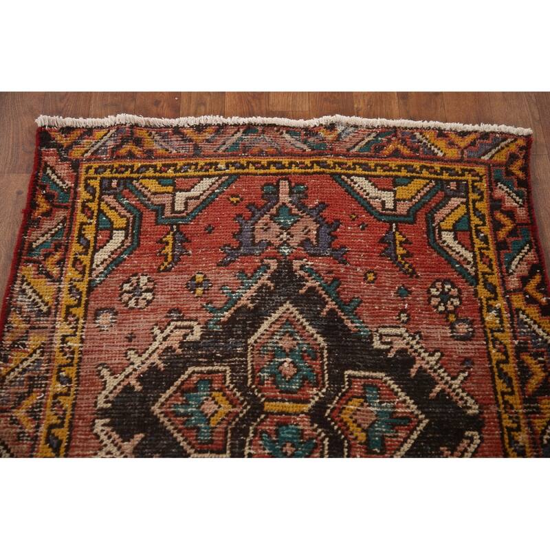 Vegetable Dye Hamedan Persian Vintage Runner Rug Geometric Wool Carpet - 2'11"x 10'1"