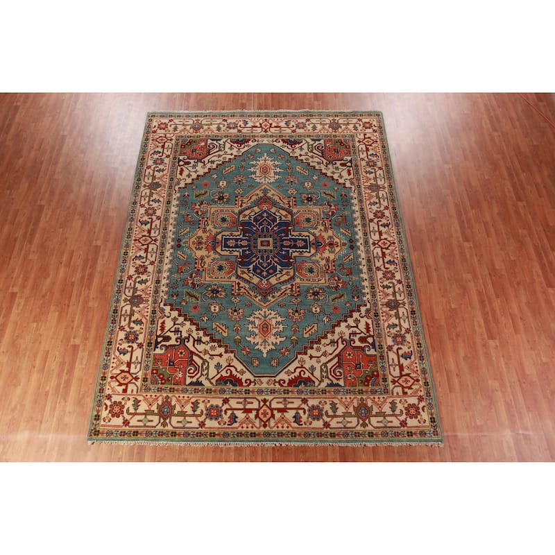 Light Blue Geometric Heriz Serapi Indian Area Rug Handmade Wool Carpet - 8'10"x 11'10"