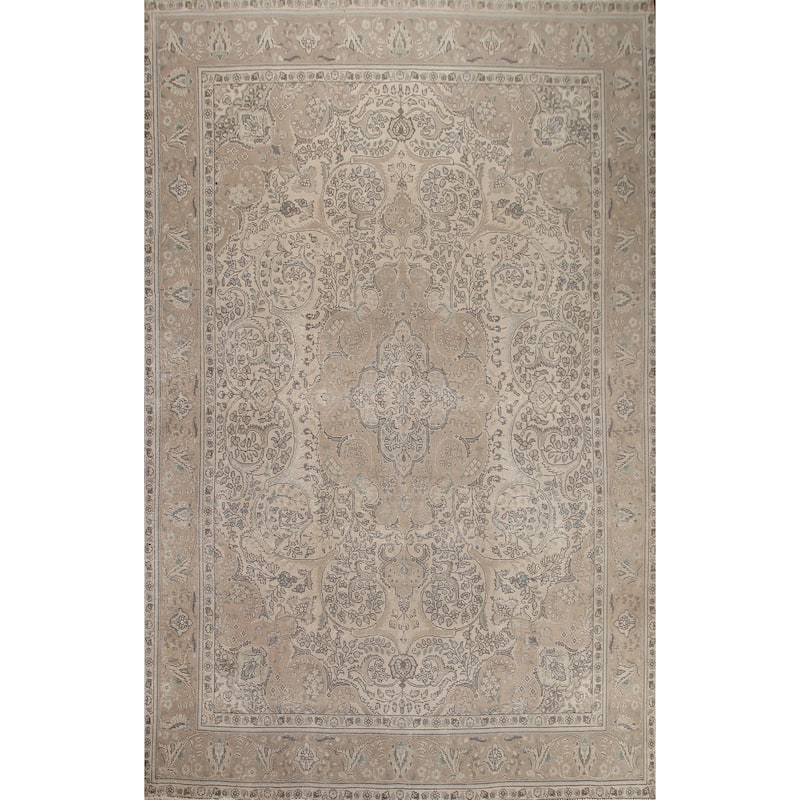 Hand Knotted Oriental 100% Wool Carpet Traditional Floral Beige & Ivories Tabriz Area Rug - 12' 7'' X 10' 0''