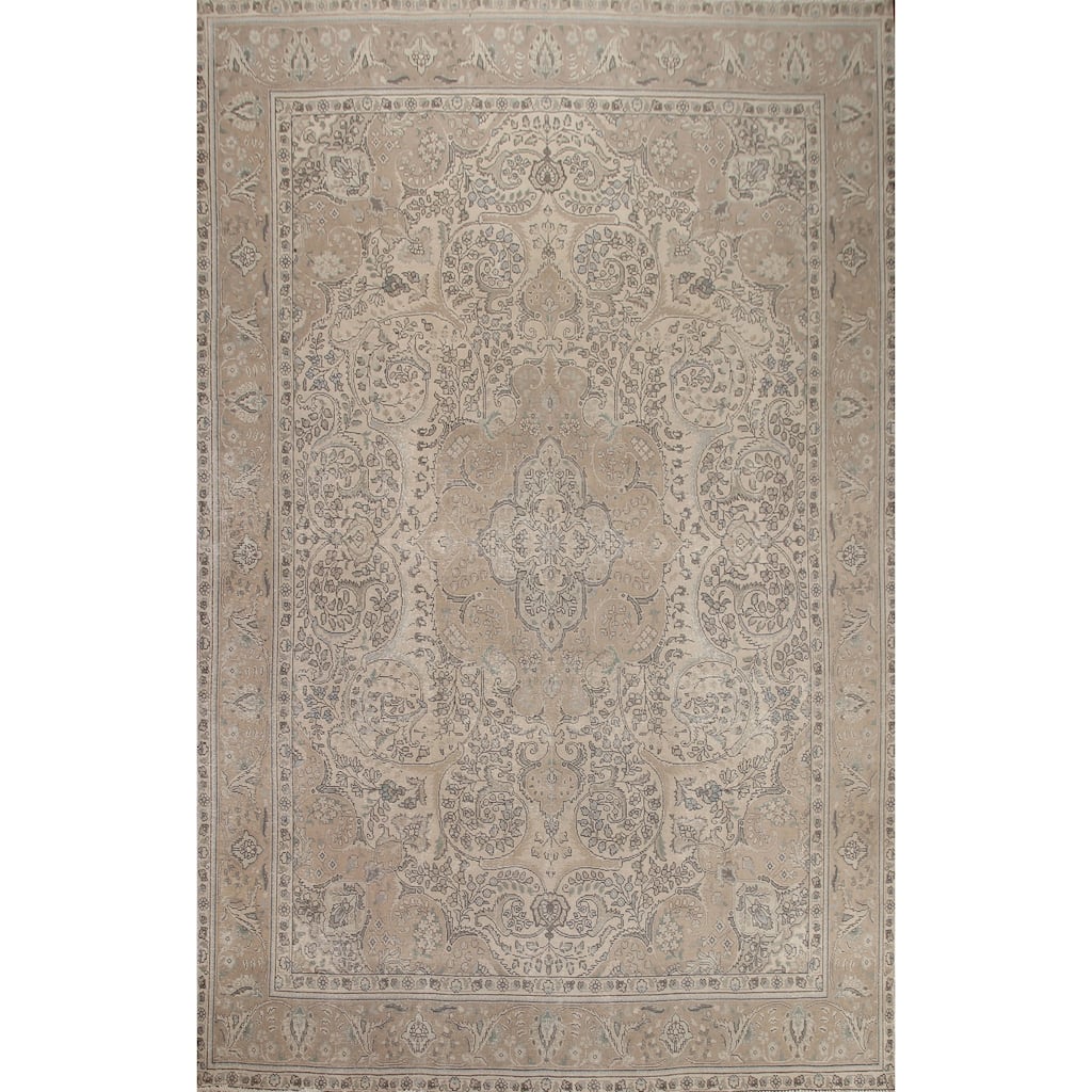 Hand Knotted Oriental 100% Wool Carpet Traditional Floral Beige & Ivories Tabriz Area Rug - 12' 7'' X 10' 0''