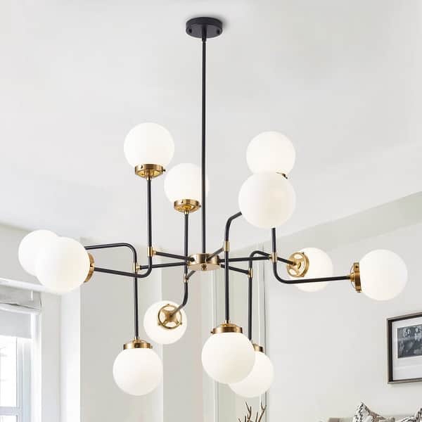 slide 2 of 9, Modern Black 12-Light Sputnik Pendant Lamp with White Glass Shade Black/White