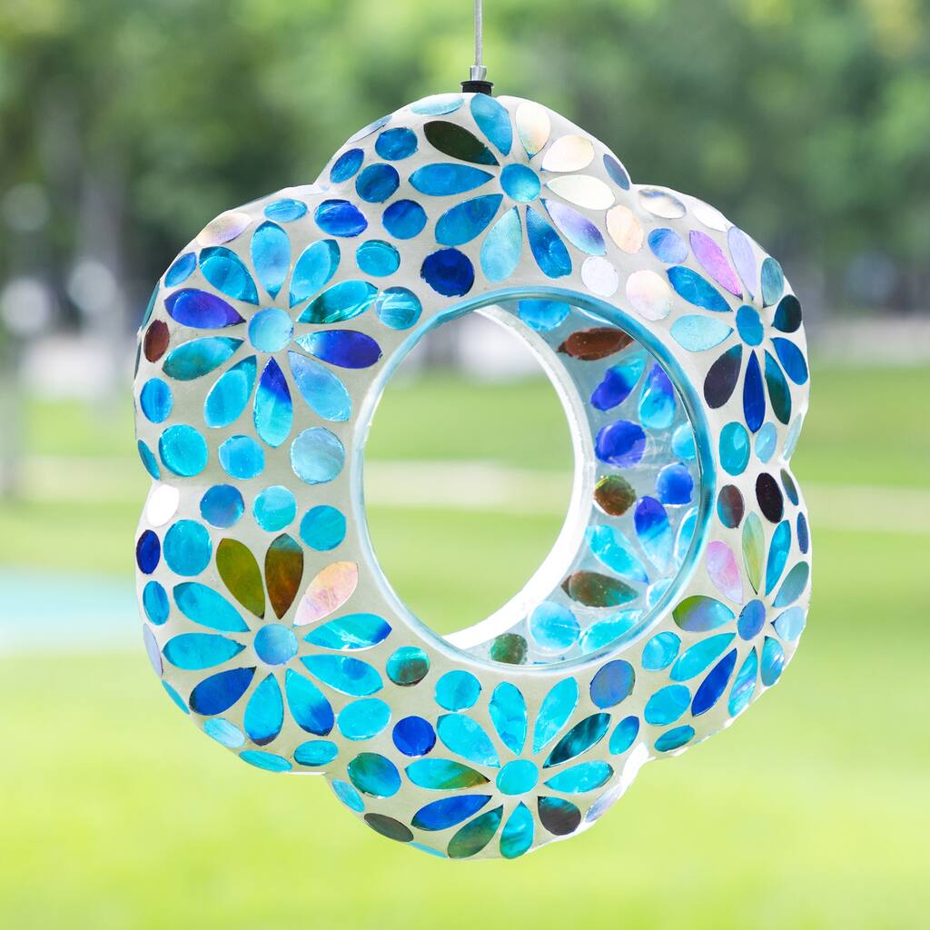 Glitzhome 8.5"D Glass Flower Shaped Hanging Multi-Color Mosaic Birdfeeder