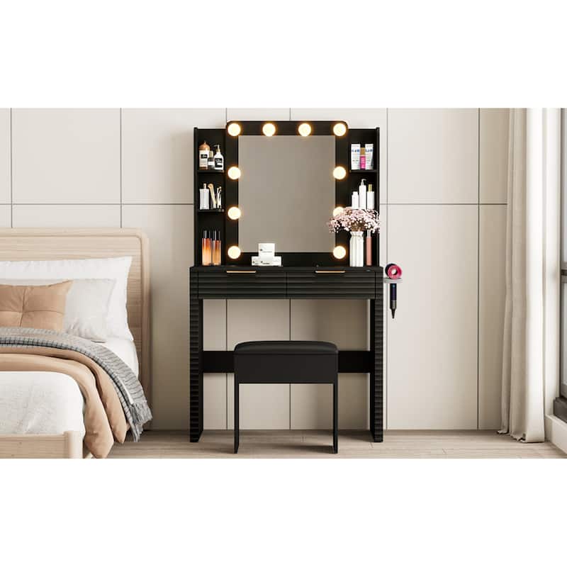 Roomfitters Makeup Vanity Table with Hollywood Lighted Mirror, Fluted Ribbed Drawers, Hair Dryer Holder and Stool, Black