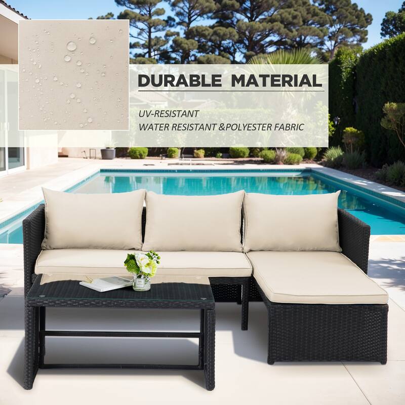 3 Pieces Patio Conversation Set, All Weather Outdoor PE Rattan Wicker Furniture Set with Cushions, Tempered Glass Coffee Table