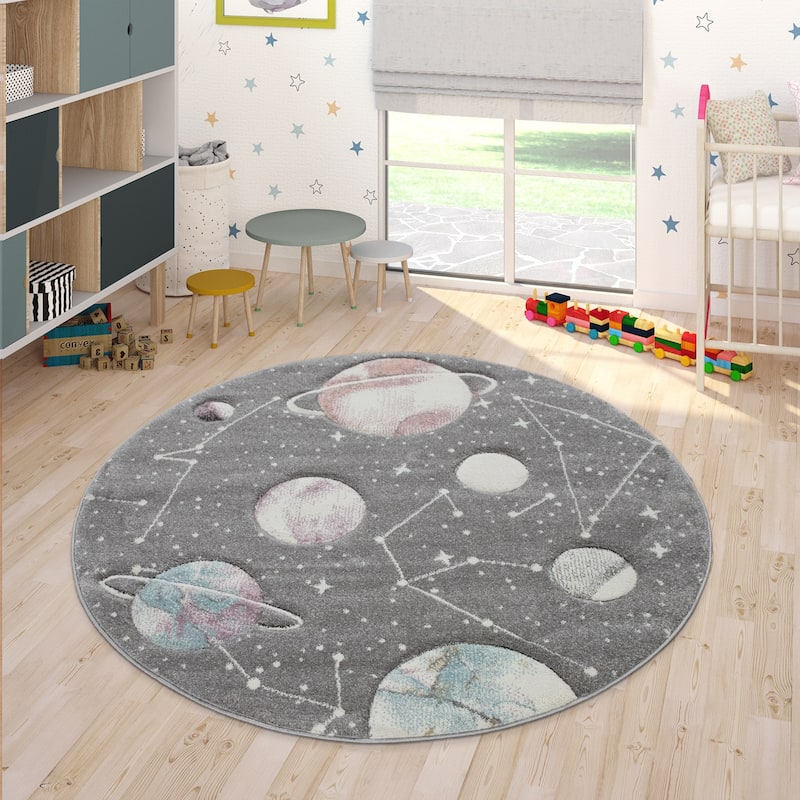 Space Rug for Kids Colorful Galaxy with Planets and Stars in Grey - 5'3" Round