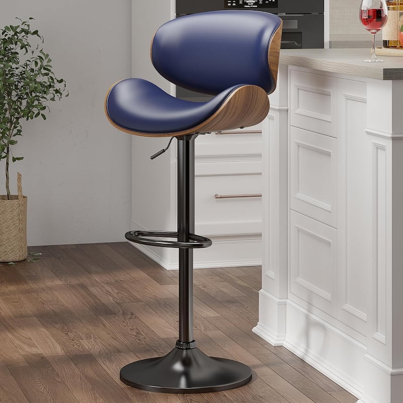 Bar Stools Adjustable Height Swivel Faux Leather Armless Barstools - Single - Blue - Adjustable
