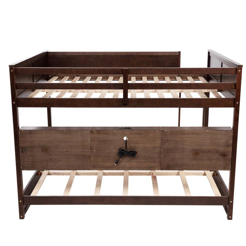 Queen-Over-Queen Pine Bunk Bed with 6 Storage Cabinets, Charging Station and Safety Guardrails