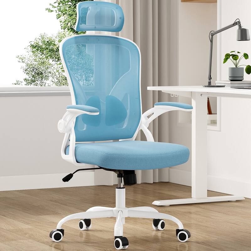 Ergonomic Office Chair, Home Office Desk Chair with Headrest, High Back Computer Chair with Adjustable Lumbar Support - Blue,White