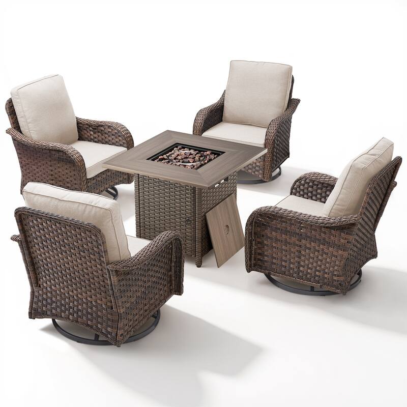 Pocassy Patio Funiture Sofa Swivel Chair Ottoman with Fire Table Set