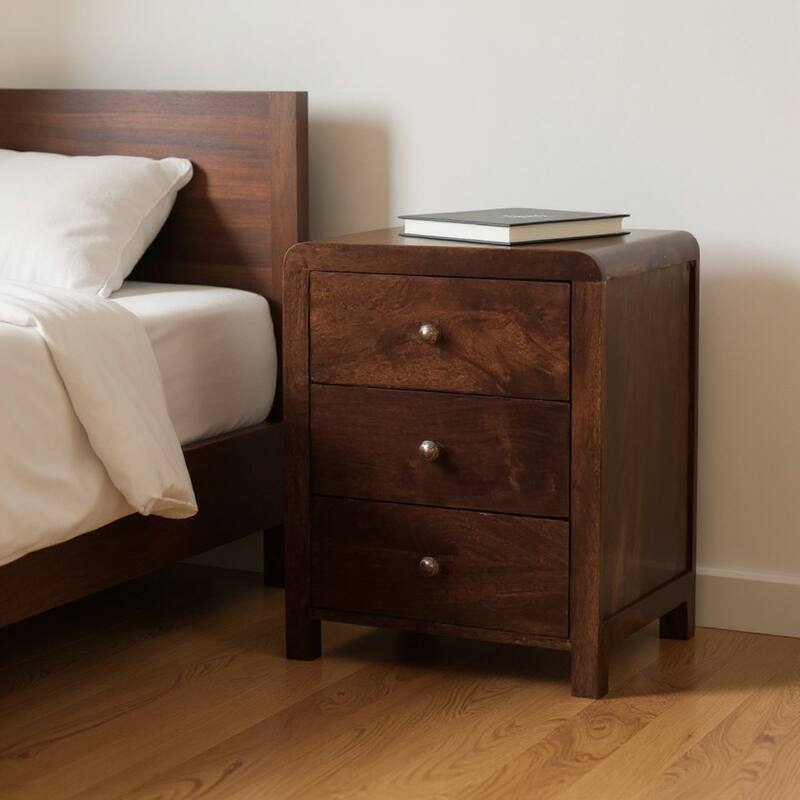 HomeRoots 24" Walnut Solid Wood Three Drawer Nightstand - Walnut - 3-drawer