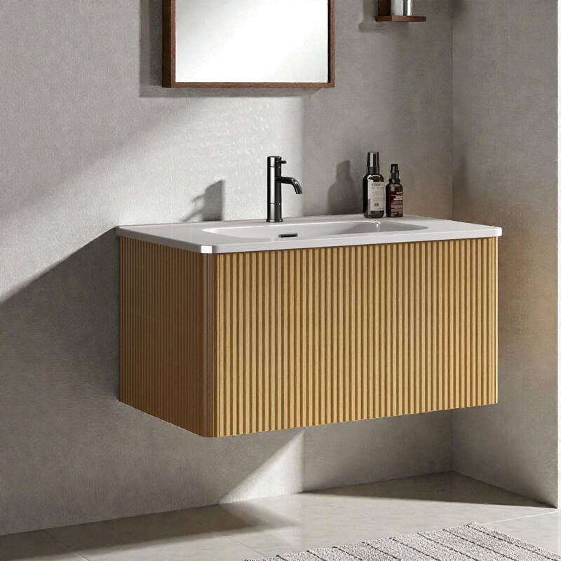 30" Floating Bathroom Vanity with Ceramic Sink, Striped Wall Mounted Cabinet with Curved Edges & Large Push-Open Drawer