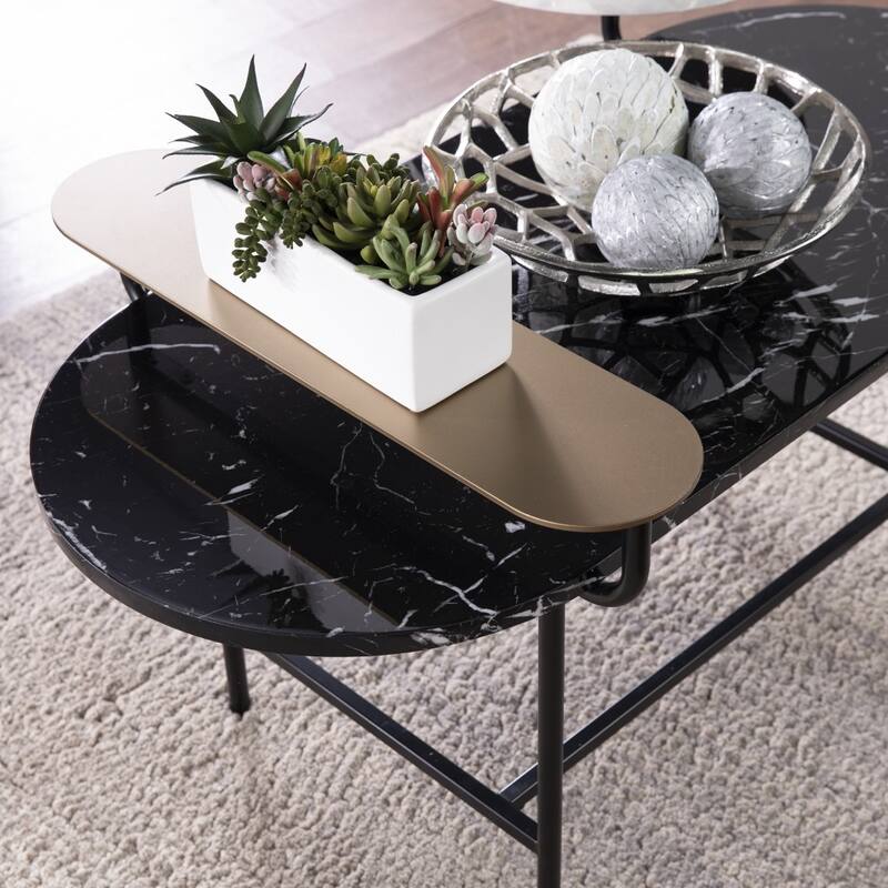 42" Freeform Faux Marble Coffee Table with Metal Legs and Storage Glossy Black Contemporary Style - 42”L x 30”W x 23”H