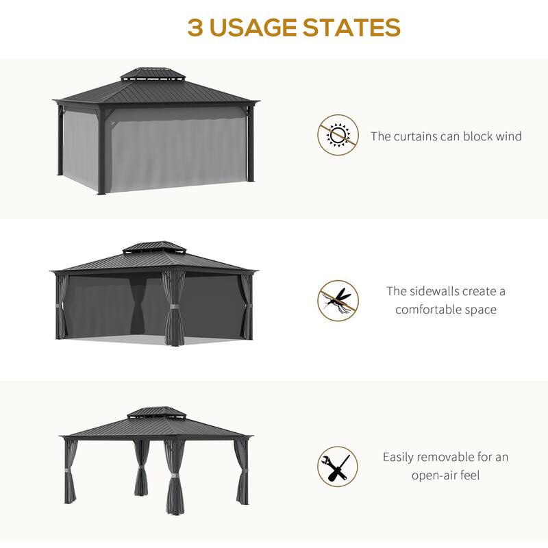 Outsunny 16' x 12' Hardtop Patio Gazebo Canopy Outdoor Pavilion with Galvanized Steel Frame, Netting Sidewalls, Curtains