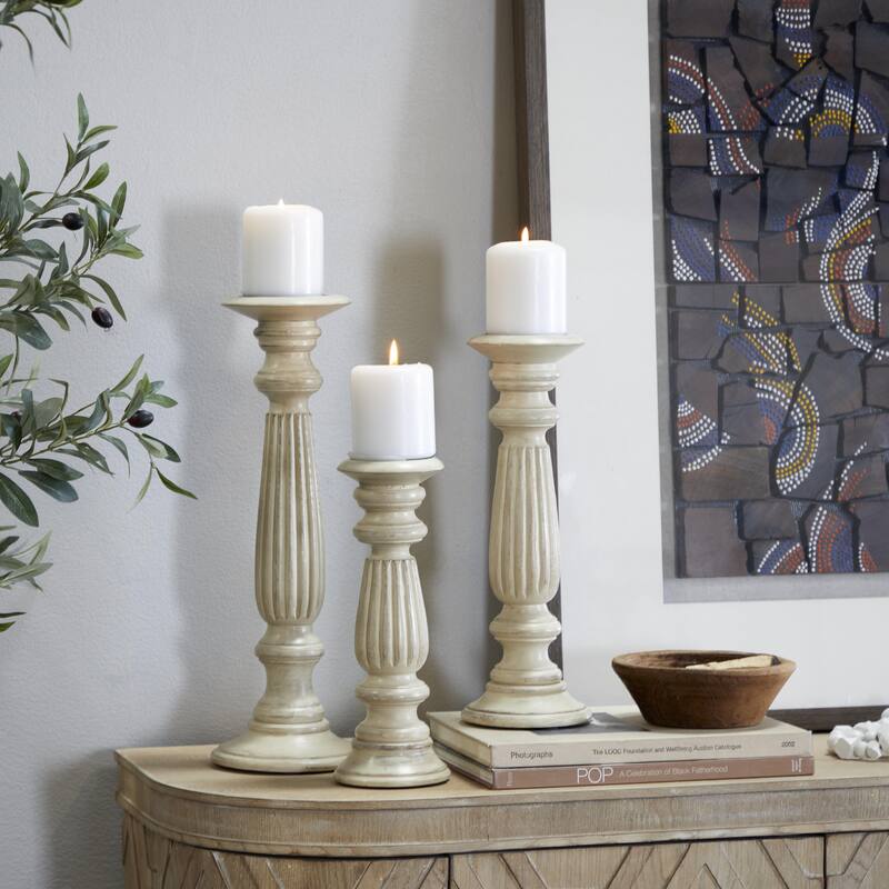 Traditional Mango Distressed Turned Pillar Wood Candle Holder (Set of 3) - Dark Brown, Beige, White - Beige
