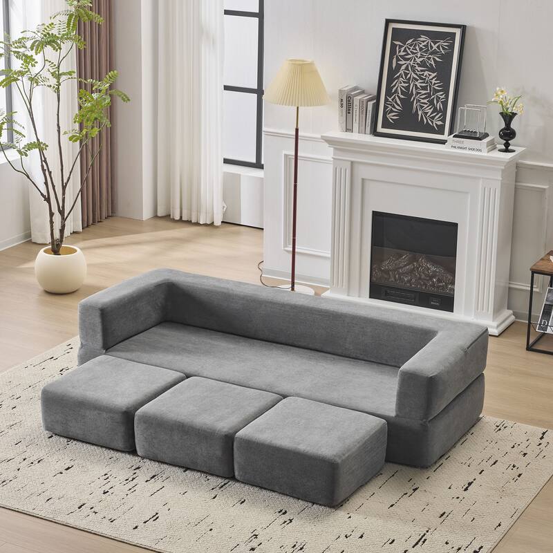 79.14" Chenille 3-Seater Sofa, Foldable Play Mat and Removable Cover