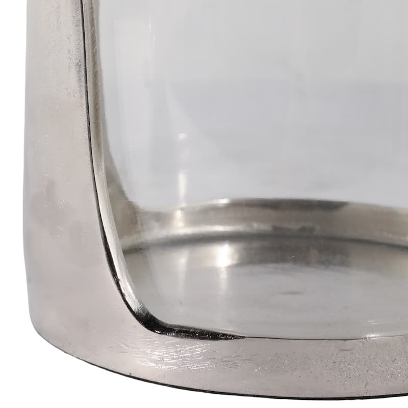 Metal Glass Lantern Hurricane Modern Design Home Office - 9" Silver - 6.5" x 6.75" x 8.5"