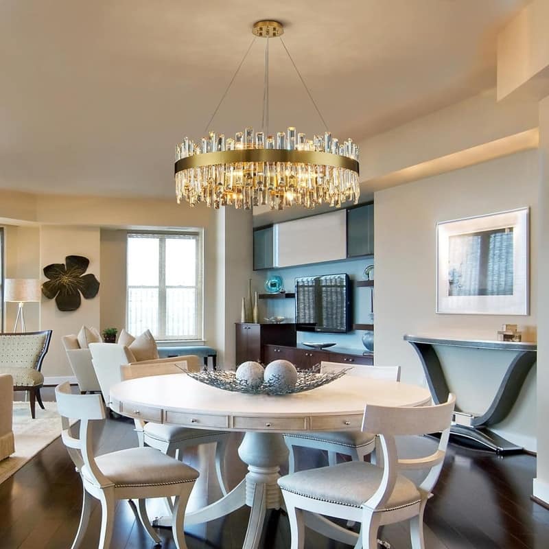 32 in. 2-Tier Modern Crystal Chandelier Brass Gold Round Crystal Raindrop Chandelier Contemporary Pendant Light for Dining Room