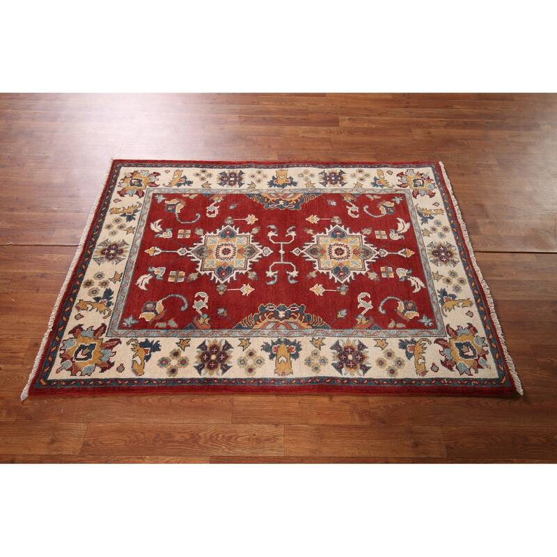 Red Geometric Kazak Foyer Rug Hand-Knotted Traditional Wool Carpet - 3'4" x 4'8"