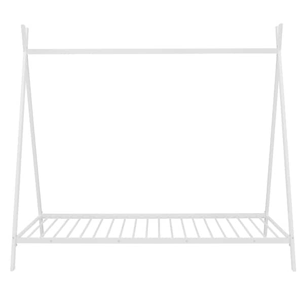 slide 2 of 10, Twin House Bed for Kids, Metal Tent Bed Frame Floor Play House Bed with Slat for Girls Boys , No Box Spring Needed,White
