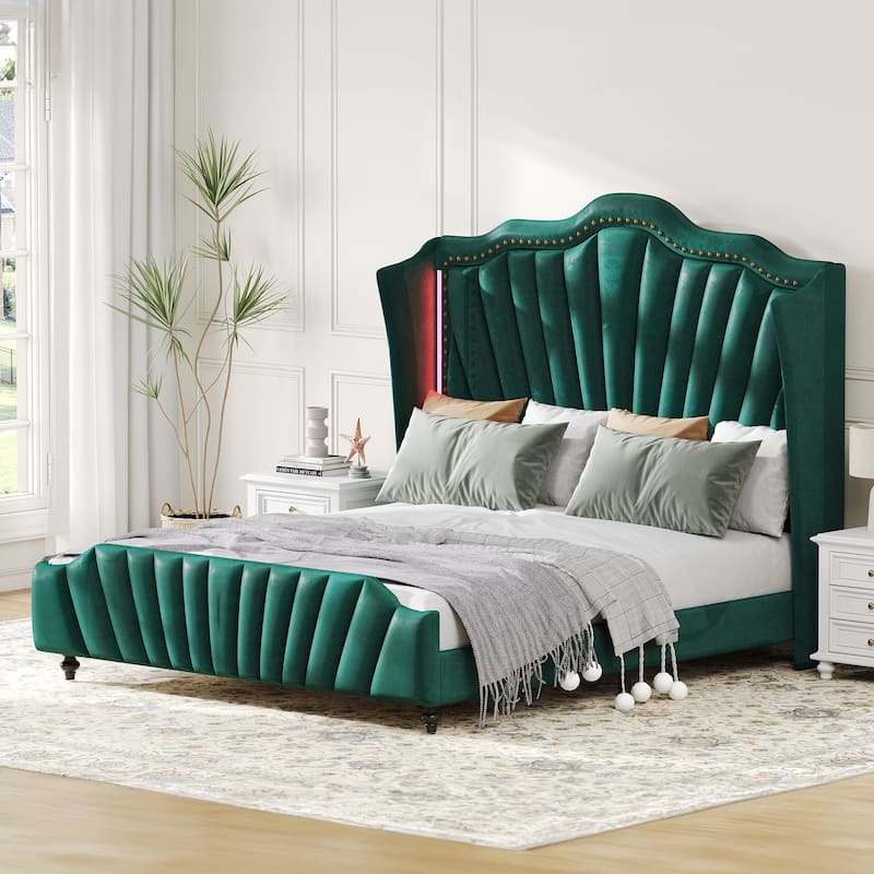 Moasis Velvet Upholstered Platform Bed Frame with 60" Tall Wingback Headboard & LED Light