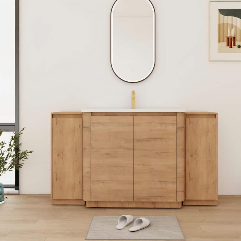 Bathroom Vanity With Sink In 36/40/48/52/60/64/84/92 Inch, Freestanding Bathroom Vanity With Doors and Adjustable Shelf - 60''W×18.8''D×34.1''H - Imitative Oak