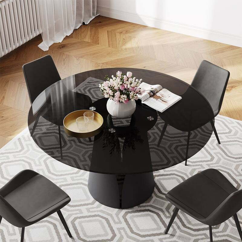 Modern Round White Dining Table，Sintered Stone Tabletop, Solid Black Carbon Steel Base