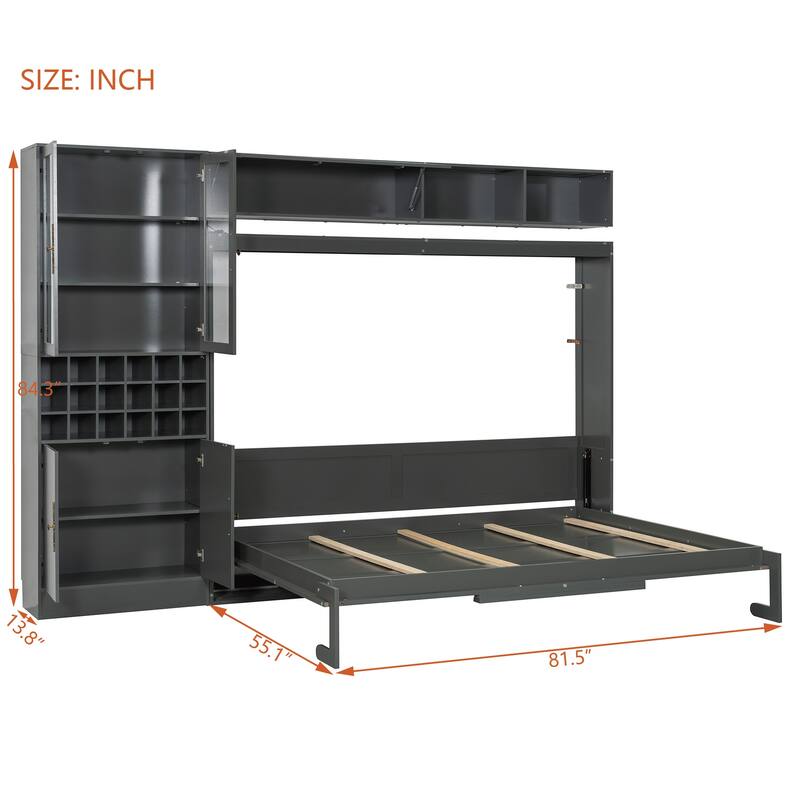 Queen Size Wall Bed with Sofa, Shelves, USB & Light in Gray