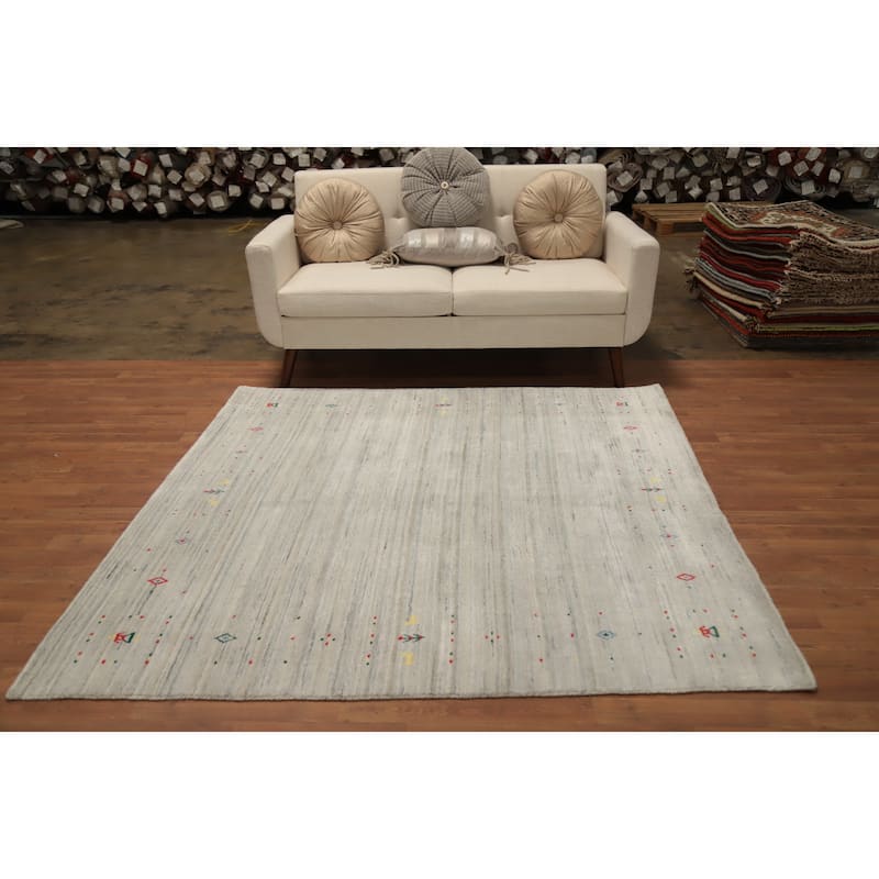 Hand Knotted Oriental 100% Wool Carpet Modern Modern Beige & Ivories Gabbeh Area Rug - 5' 11'' X 6' 1''
