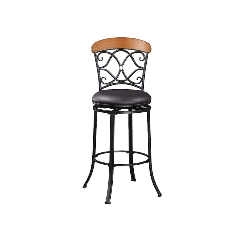 Soni Swivel Bar Height Chair, Scroll Back, Faux Leather, Black Metal