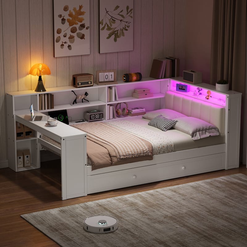 Daybed with Desk & Trundle Storage Bookcase Daybed with Socket and LED