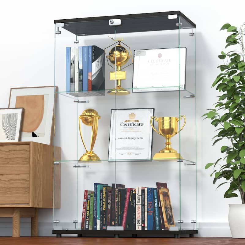 Glass Display Cabinet with Doors & Locks, Acrylic Shelves, Floor Standing Storage Showcase for Home or Office