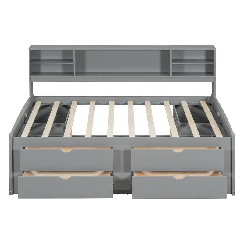 Merax Full Size Wood Daybed with Cabinets, Shelves and 4 Drawers