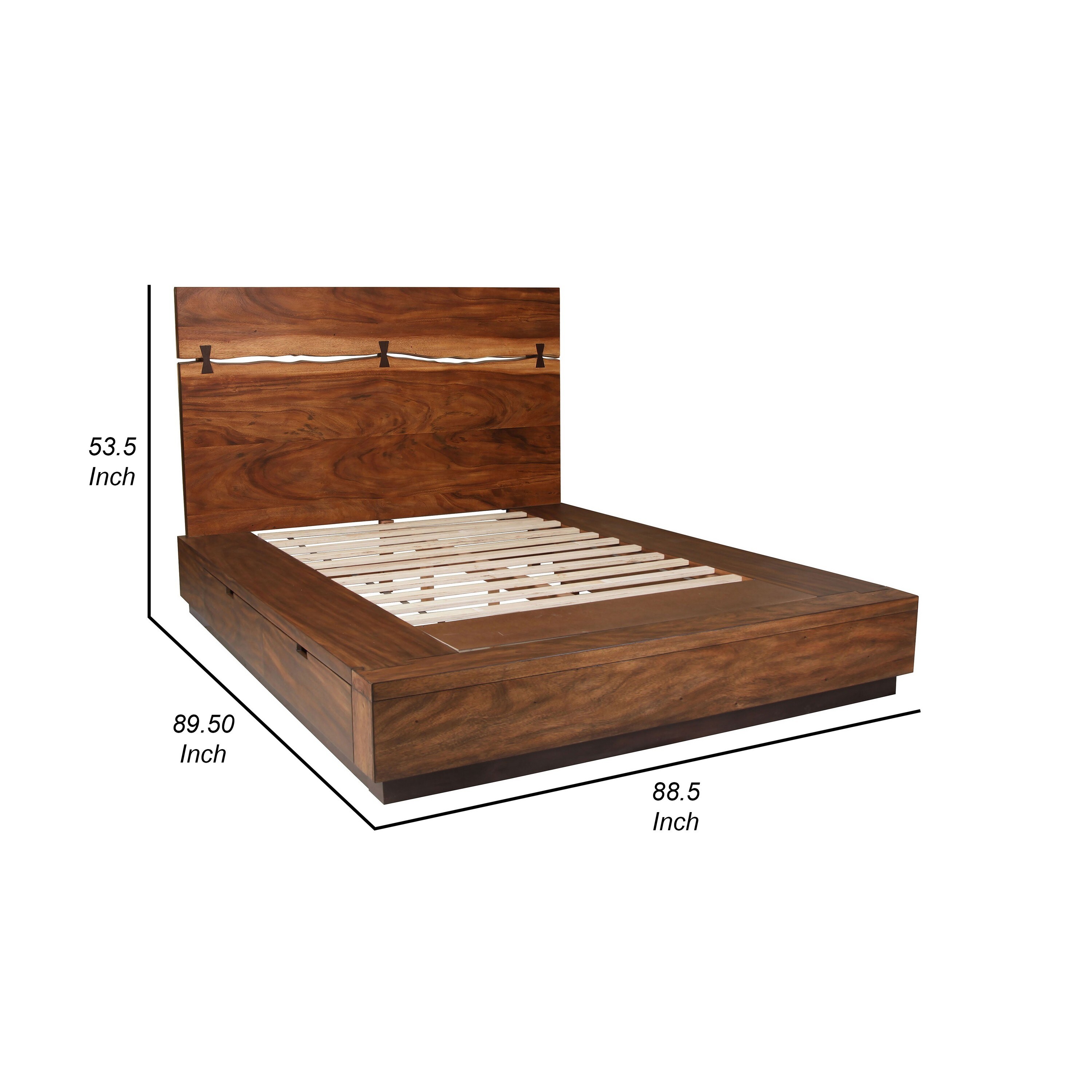 Zeko King Size Storage Bed, Live Edge Panel Headboard, Walnut