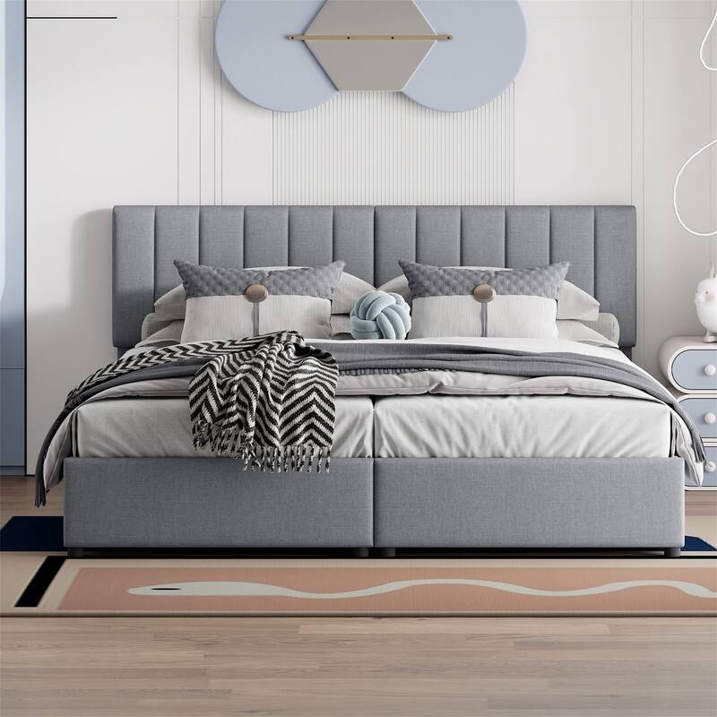 Twin/King Size Upholstered Platform Bed Frame a Hydraulic Storage System, Lift Up Storage Bed with Headboard and Slats Support