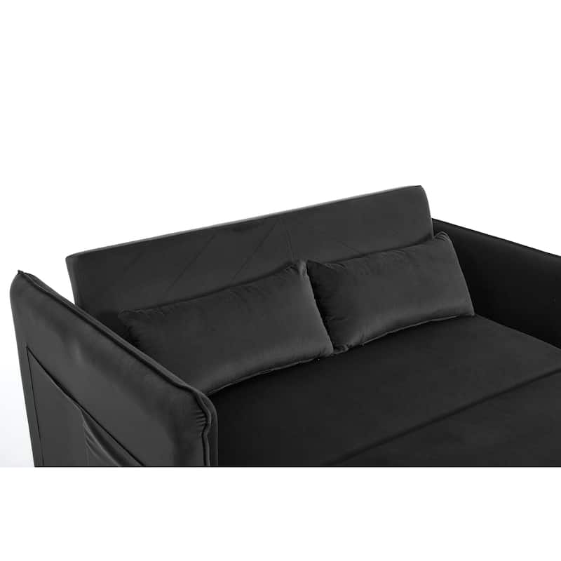Small Convertible Sofa Bed, 55" Velvet Loveseat Couch with Pull-Out Bed, Pillows, Adjustable Backrest & Side Pockets