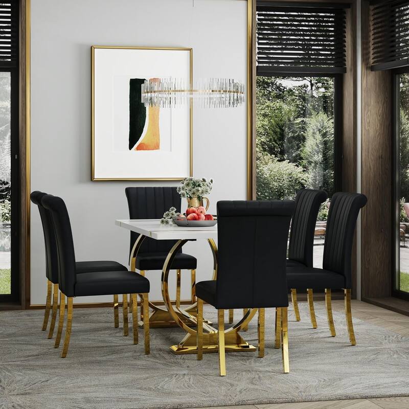 Luxury PU Leather Parsons Dining Chairs Side Chairs with Rolled Back and Stainless Steel Legs